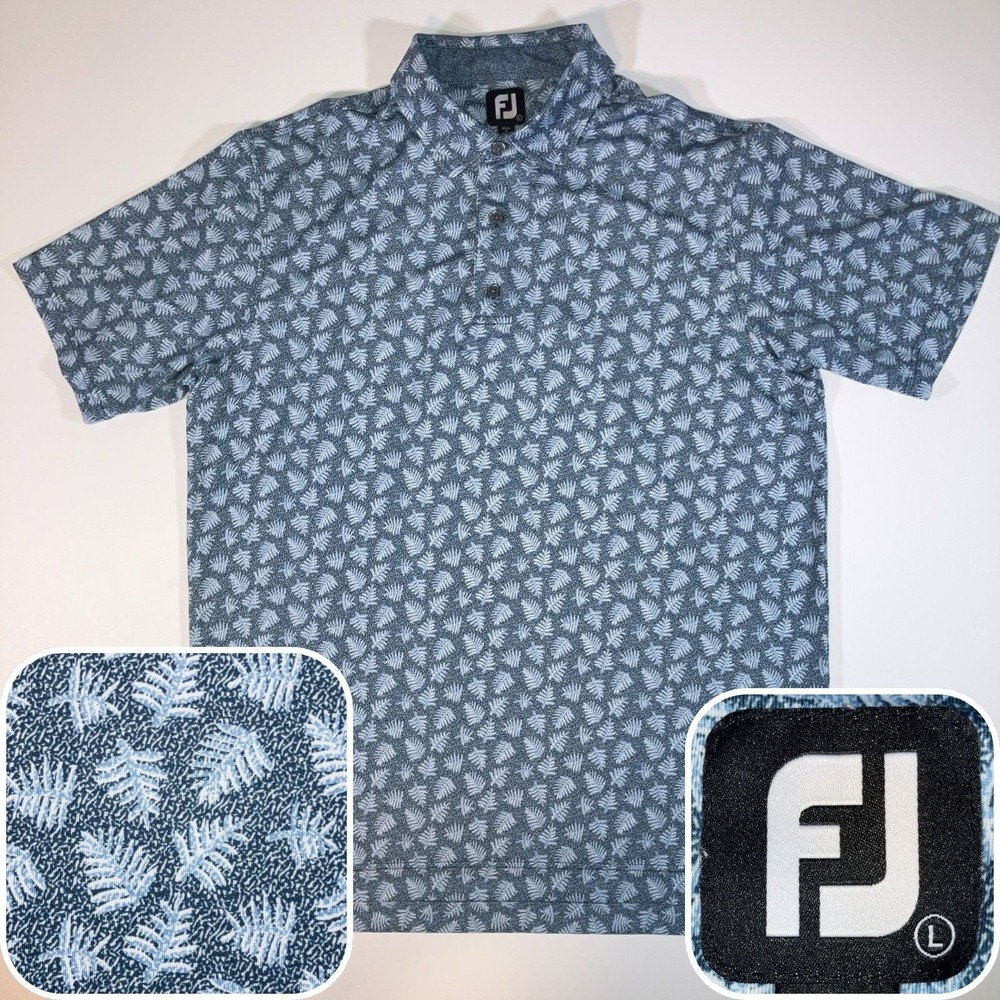 FootJoy Shadow Palm Print Lisle Men's Golf Polo Shirt Blue Green Fern L